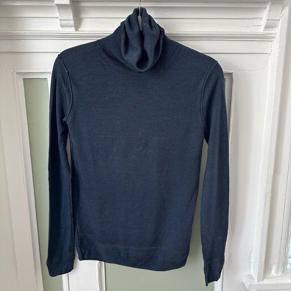 McQ Alexander McQueen 100% Wool Fine Knit Turtleneck Sweater Navy Blue Seams S